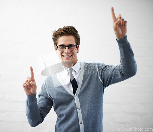 Image of Man, happiness and pointing with hand, worker and professional in corporate clothes, fashion or fingers. Working, young and person with gesture, career or geek with glasses, nerd or businessman