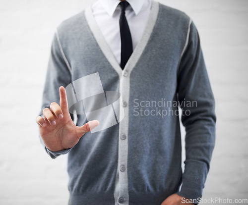 Image of Person, hand and businessman in fashion, loser emoji and sign for mistake, professional and employee. Product placement, marketing geek and pointing as manager and closeup of man in corporate wear