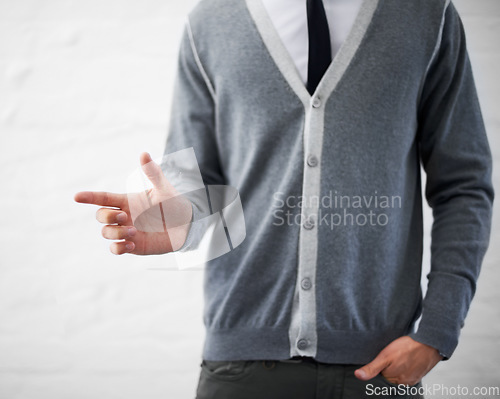 Image of Person, hand and businessman in fashion, loser emoji and sign for mistake, professional and employee. Product placement, marketing geek and pointing as manager and closeup of man in corporate wear