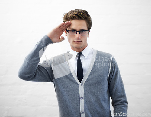 Image of Man, hand and businessman in fashion, greeting emoji and sign for hello professional and employee. Nerdy person, marketing geek and funky as manager and stylish man in modern corporate clothes