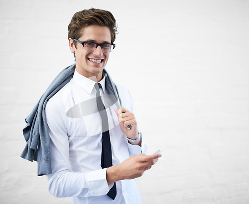 Image of Businessman, cellphone and smiling for networking, communication and corporate clothes. Mobile, professional and happiness for business conversation, consulting and financial chartered accountant