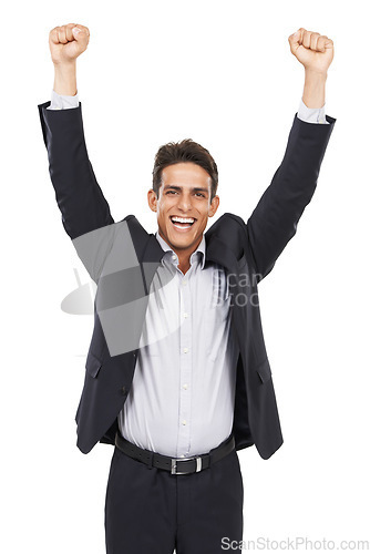 Image of Business man, arms up for celebration or bonus at work, professional success and smile in portrait on white background. Happy corporate employee, achievement and cheers with fist pump for winning