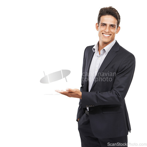 Image of Business man, show presentation and mockup space with smile in portrait, advertising and communication in studio. Corporate opportunity, offer with information or announcement in studio for marketing