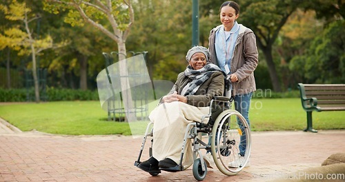 Image of Nurse, peace and park with old woman in a wheelchair for retirement, elderly care and physical therapy. Trust, medical and healthcare with african patient and caregiver in nature for rehabilitation