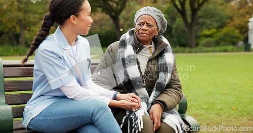 Image of Nurse, happy and relax with old woman on park bench for retirement, elderly care and conversation. Trust, medical and healthcare with senior patient and caregiver in nature for nursing rehabilitation