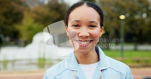 Image of Professional nurse woman, outdoor and face with smile, young and excited for medical career in Toronto. Doctor lady, park and nature for walk, wellness and healthcare in summer sunshine in portrait