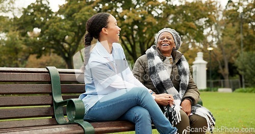 Image of Nurse, retirement and park with old woman in a wheelchair for happy, elderly care and physical therapy. Trust, medical and healthcare with senior patient and caregiver in nature for rehabilitation