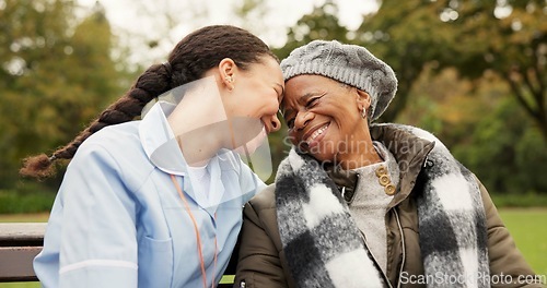 Image of Nurse, happy and friends with old woman on park bench for retirement, elderly care and support. Trust, medical and healthcare with african patient and caregiver in nature for nursing rehabilitation
