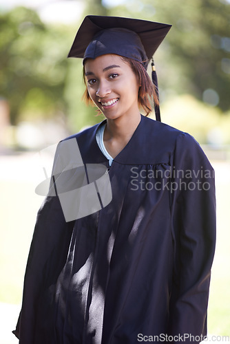 Image of Happy woman, portrait and outdoor graduation for qualification, learning or career ambition in education. Female person, student or graduate smile for higher certificate, diploma or degree in nature