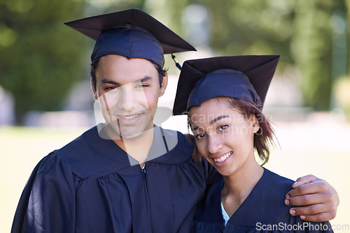 Image of Happy couple, portrait and hug together for graduation, qualification or career ambition in education. Face of man, woman student or graduate smile for higher certificate, diploma or degree in nature