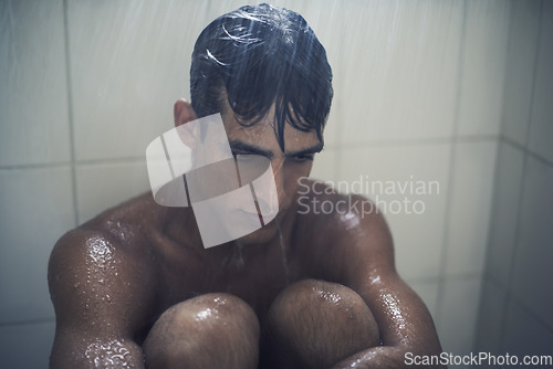 Image of Man, shower and depression or crying in bathroom and grooming in morning routine, water and care for healthy skin. Male person, cosmetology and skincare or clean, naked and mental health at home