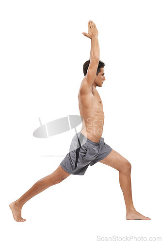 Image of Man, meditation and yoga in studio for exercise or spiritual awareness, zen and warrior pose. Male person, pilates and peace or wellness and balance or fitness, active and cardio by white background