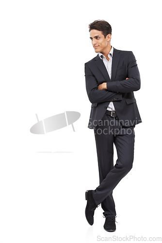 Image of Businessman, suit and formal for employee, confident and professional on white studio background. Man, young and ready for career, entrepreneur and employer for startup, mockup space and corporate