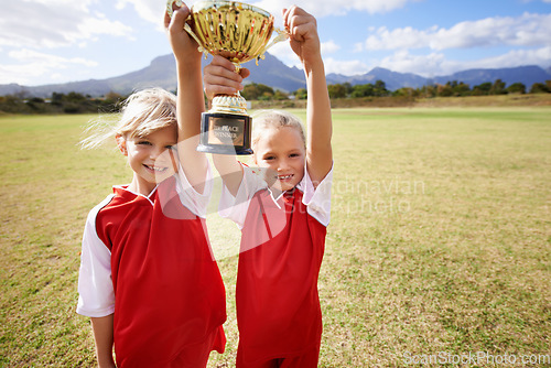 Image of Celebration, teammates and children with cup, boys and girls with victory, support or proud. Achievement, sports and friendship, together and happy for win, ready for game or physical activity