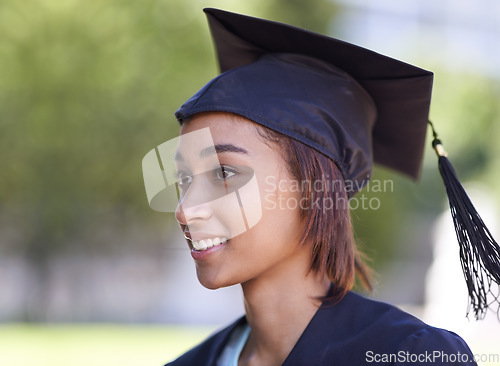 Image of Woman, graduate and college achievement with education, cap and gown for ceremony outdoor. Mockup space, smile and graduation event for academic success, higher learning and certification with pride