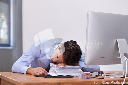 Image of Business man, sleeping and burnout or tired at desk, professional and dreaming in workplace. Businessperson, nap and exhausted in office or resting, mental health and stress for paperwork or lazy