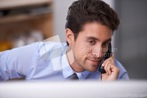 Image of Business man, phone call and consulting on landline in workplace, contact and conversation in office. Businessperson, professional and communication or discussion, technology and connection for info