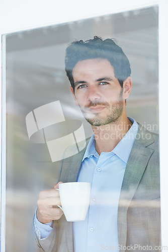 Image of Man, coffee and window with thinking of business ideas, brainstorming or reflection with insight and inspiration. Corporate professional, tea break with decision and future in company with planning