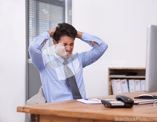 Image of Business man, burnout and anger at work with paralegal in office, stress about job and overworked. Anxiety, mental health and pressure with frustrated employee at desk, crisis or disaster with fail