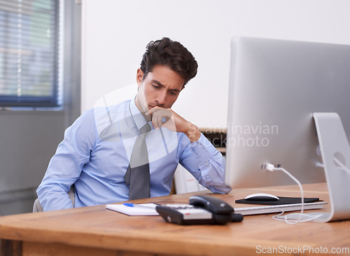 Image of Business man, burnout and thinking at work with paralegal in office, stress about job and overworked. Disappointed, depression and pressure with tired employee at desk, crisis or disaster with sad