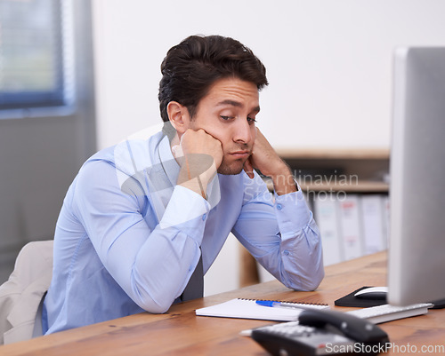 Image of Business man, burnout and bored with fatigue, paralegal in office and sad about job. Overworked, bored and tired employee at desk with glitch on computer, exhausted and not interested in work