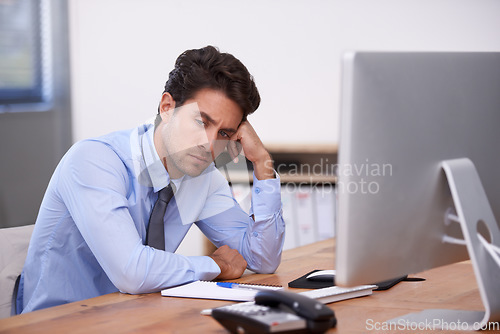 Image of Business man, burnout and angry at work with paralegal in office, thinking of stress of job and overworked. Depression, sad and pressure with tired employee at desk, crisis or disaster with fail