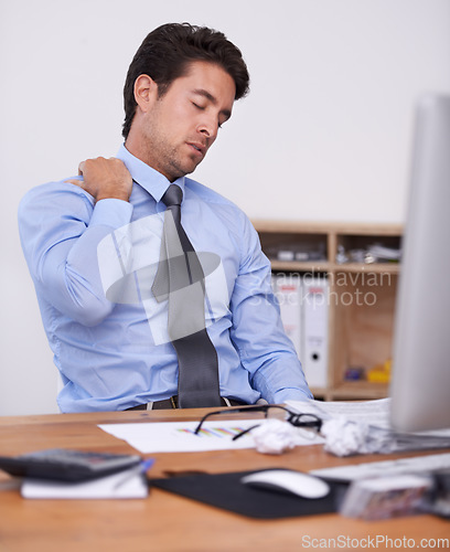 Image of Business man, burnout and neck pain at work with data analyst in office, stress about job and overworked. Spine, muscle tension and pressure with tired employee at desk, crisis or disaster with fail