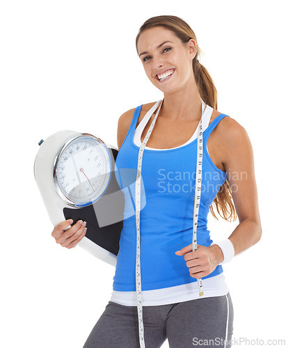 Image of Scale, workout and woman in studio for fitness results, wellness and training with measure tape and portrait. Happy sports person or model for diet equipment or body progress on a white background
