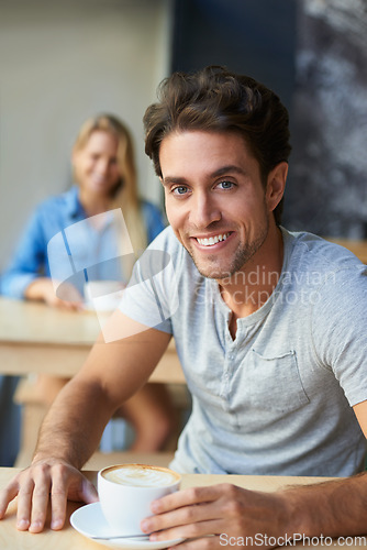 Image of Portrait, flirting or happy man in cafe with a coffee to relax with smile, morning espresso or crush. Face, romance or male person with tea, cappuccino or woman with love, peace or calm in restaurant