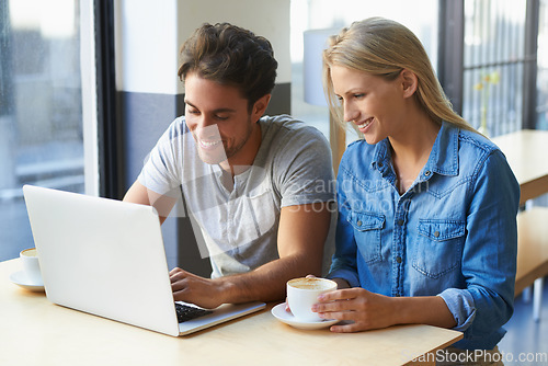 Image of Relax, laptop or happy couple in coffee shop or cafe on website for booking a holiday vacation. Love, man or woman on technology for online shopping, research or social media with tea cup or smile