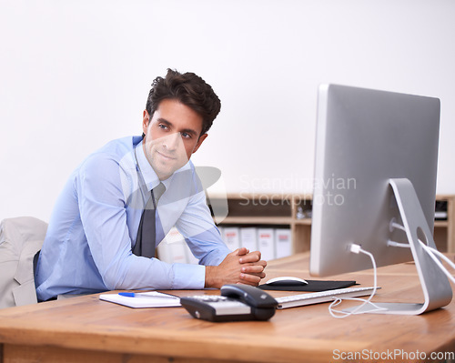 Image of Businessman in office, thinking or planning with research, review and ideas for problem solving. Corporate, workflow and professional consultant in workplace for project vision, choice and solution