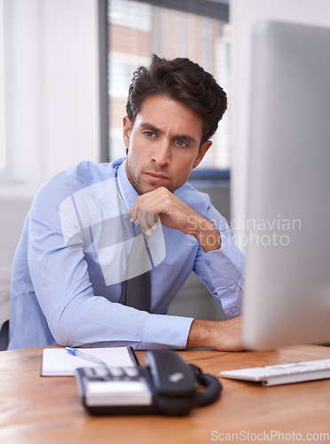 Image of Businessman in office, thinking or planning with research, ideas and doubt for problem solving. Corporate, confused and professional consultant in workplace for project vision, choice and solution