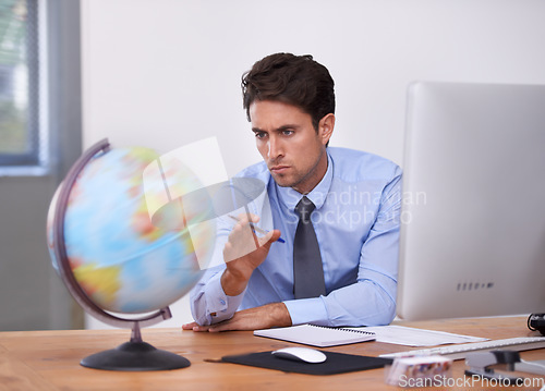 Image of Travel, planning or businessman spinning earth for worldwide destination for trip in office. Notes, location or professional agent with map of planet for geography or international journey choice