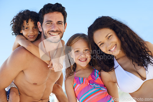 Image of Family, parents and children are happy on beach, portrait while on vacation for summer and sun in Brazil. Travel, adventure and blue sky with people in nature with smile for love and bonding outdoor