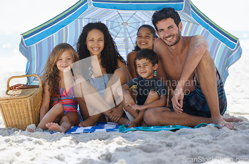 Image of Parents, kids and happy in portrait on beach, summer vacation with family, bonding and love. People outdoor, holiday in Brazil with sand and sun, fun with smile for travel and adventure together