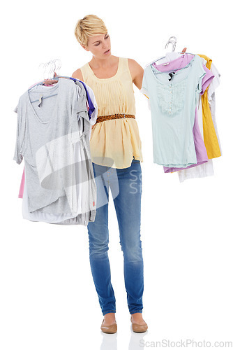 Image of Woman, fashion and looking at clothing for choice, decision or selection on a white studio background. Female person, model or blonde thinking, wonder or picking garment or outfit for style on mockup