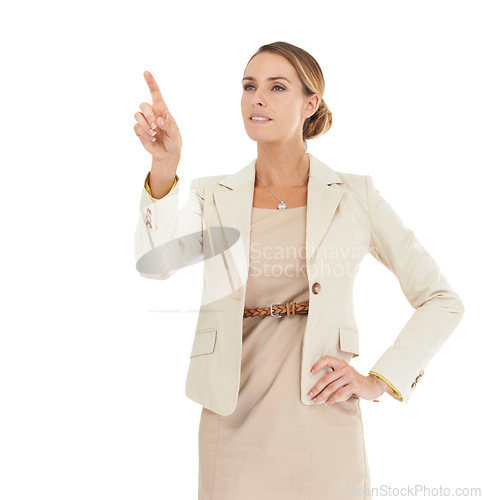 Image of Businesswoman, air or finger for touch interface, system or login to internet access or digital future. Dashboard, studio or press gesture on virtual innovation, web technology on white background