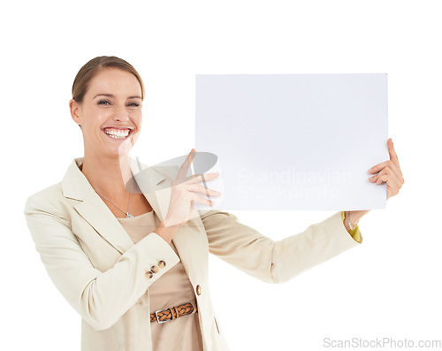 Image of Business woman, poster mockup and studio presentation for advertising opportunity, news or information. Portrait of professional or face of happy person with paper space or sale on a white background