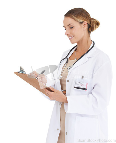 Image of Woman, doctor and writing with documents in studio for medical checklist, assessment and consultation. Professional or healthcare worker with notes, clipboard or clinic services on a white background