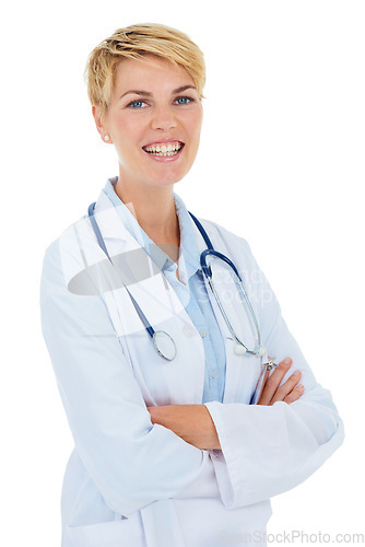 Image of Doctor, woman and portrait in studio with arms crossed for healthcare service, clinic and hospital career on a white background. Happy face of medical worker or person with professional health or job
