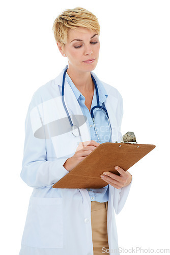 Image of Woman, doctor and writing with documents in studio for medical checklist, assessment and consultation. Professional or healthcare worker with notes, clipboard or clinic services on a white background