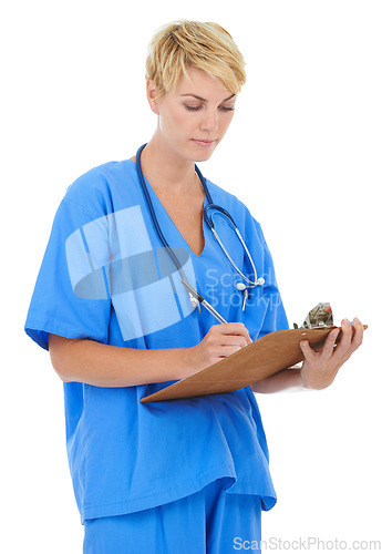 Image of Woman, nurse and writing with documents in studio for medical checklist, assessment and consultation. Professional or healthcare doctor with notes, clipboard or clinic services on a white background