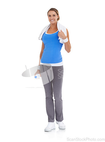 Image of Water bottle, happy and portrait of woman in studio on break for exercise, training or workout. Smile, sports and young female person with hydration drink for fitness isolated by white background.