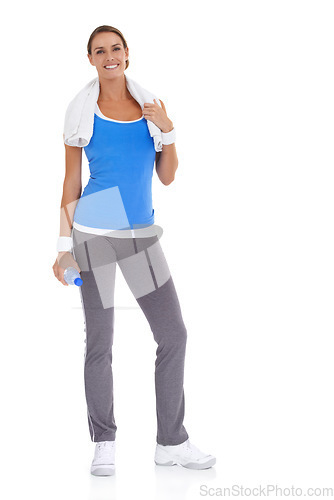 Image of Water bottle, smile and portrait of woman in studio on break for exercise, training or workout. Fitness, sports and happy young female person with hydration drink for weight loss by white background.