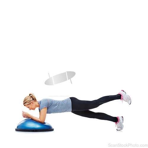 Image of Woman, lying or planking on bosu ball for exercise, workout or training on a white studio background. Active female person on half round object for pilates, practice or strong core on mockup space