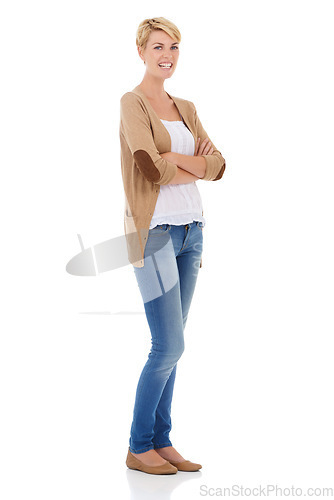 Image of Happy woman, portrait and fashion standing with arms crossed on a white studio background. Young female person, model or blonde smile in confidence for denim style or casual clothing on mockup space