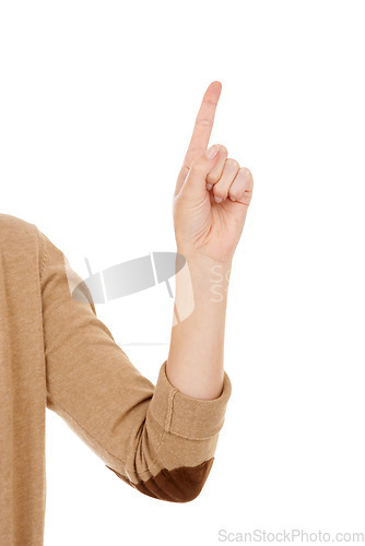 Image of Person, hand and finger pointing with idea, solution or question on a white studio background. Closeup of raised arm for number, gesture or problem solving with answer or touch on mockup space