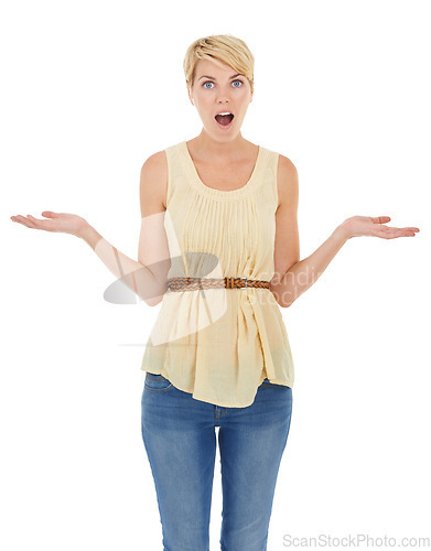 Image of Happy woman, surprise and hands out for choice, decision or selection on a white studio background. Portrait of female person, model or blonde in shock with palms for picking, question or choose