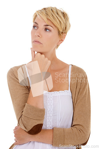 Image of Woman, face and thinking for decision, option or choice isolated on a white studio background. Young female person, model or blonde in wonder or thought for idea, picking or selection on mockup space