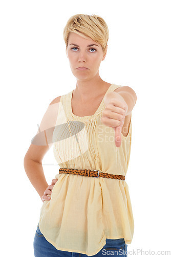 Image of Frustrated woman, portrait and thumbs down for wrong, no or negative on a white studio background. Upset or disappointed female person, model or blonde with emoji, sign or disagree on mockup space